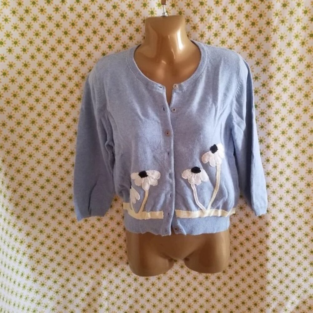 Anthropologie Field Flower Blue Cotton and Angora Floral Daisy Cardigan Large